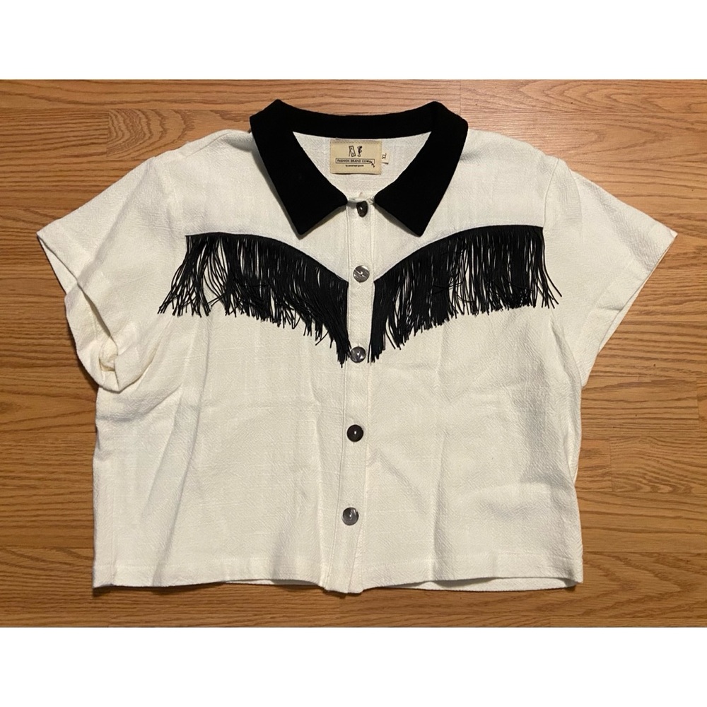Fashion Brand Company White Denim w/ Black Tassels Fringe Western Top Size XL